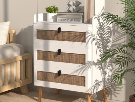 Modern End Table with 3 Rattan Decorated Drawers-White For Sale