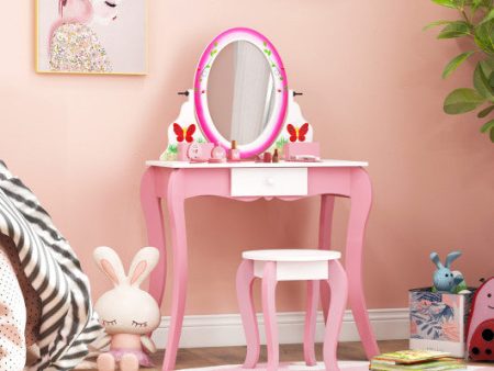 Kids Vanity Table and Stool Set with 360° Rotating Mirror and Whiteboard-Pink Hot on Sale