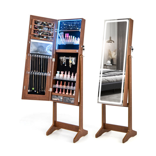 Lockable Jewelry Armoire Standing Cabinet with Lighted Full-Length Mirror-Walnut on Sale