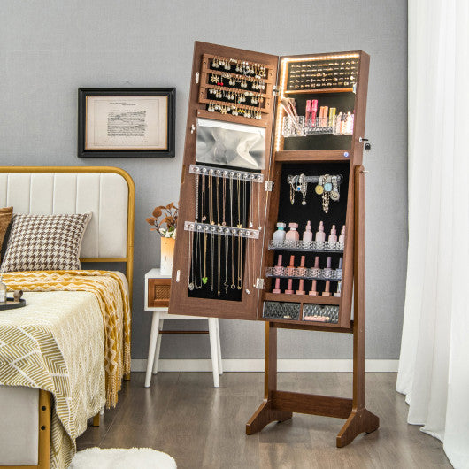 Lockable Jewelry Armoire Standing Cabinet with Lighted Full-Length Mirror-Walnut on Sale