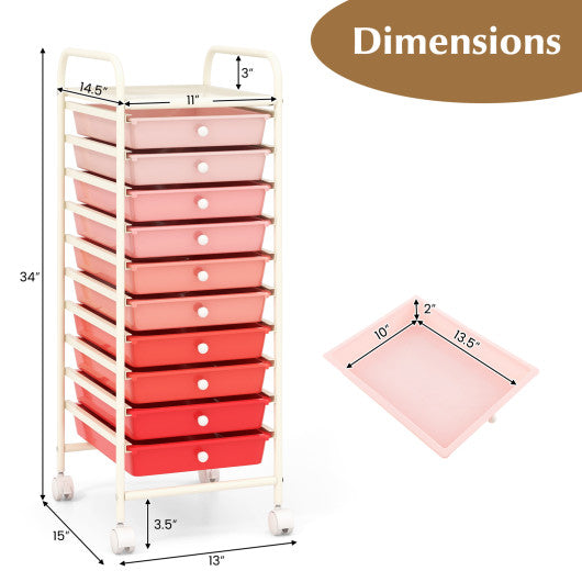 10 Drawer Rolling Storage Cart Organizer with 4 Universal Casters-Gradient Pink Fashion