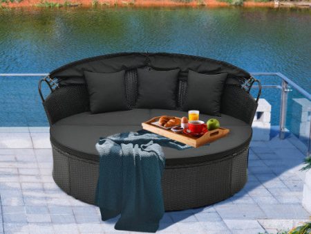 Clamshell Patio Round Daybed Wicker with Retractable Canopy and Pillows-Black For Discount