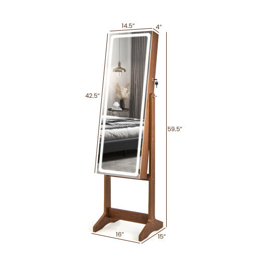 Lockable Jewelry Armoire Standing Cabinet with Lighted Full-Length Mirror-Walnut on Sale