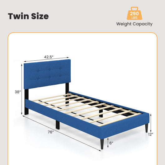 Twin Size Upholstered Platform Bed with Button Tufted Headboard-Blue Fashion