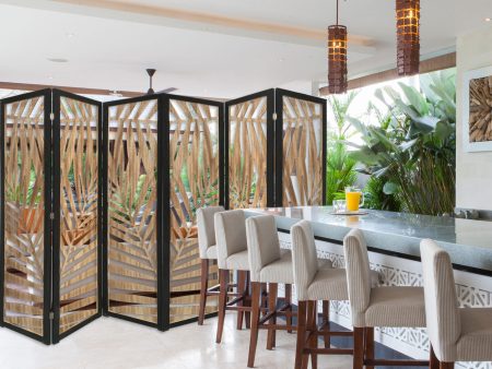 3 Panel Room Divider With Tropical Leaf Design Online Sale