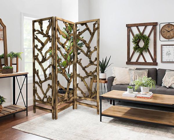 Rustic Earthy Wood Root Three Panel Room Divider Screen Online Sale