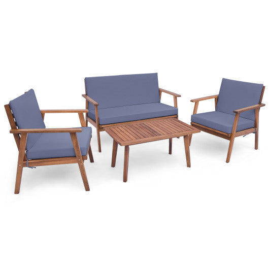 4 Piece Outdoor Acacia Wood Conversation Set with Soft Seat and Back Cushions-Gray Fashion