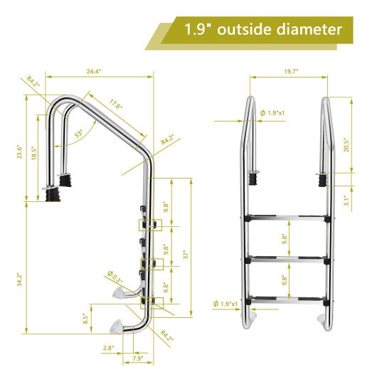 3-Step Stainless Steel Swimming Pool Ladder with Anti-Slip Step Supply