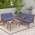 4 Piece Outdoor Acacia Wood Conversation Set with Soft Seat and Back Cushions-Gray Fashion