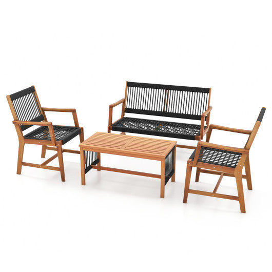 4 Pieces Acacia Wood Patio Conversation Table and Chair Set with Hand Woven Rope Online Sale