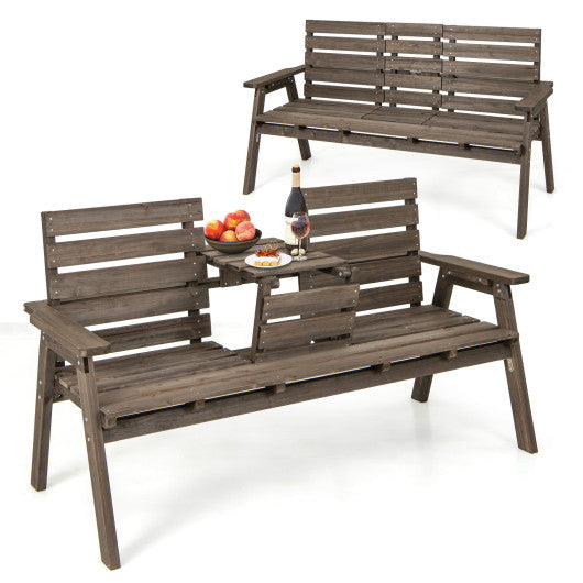 Outdoor Fir Wood Bench with Foldable Middle Table-Gray Discount