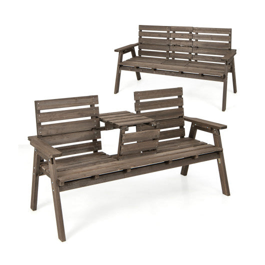 Outdoor Fir Wood Bench with Foldable Middle Table-Gray Discount