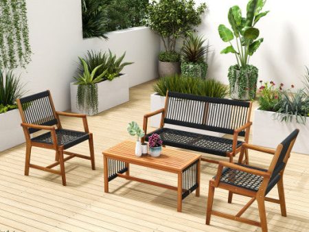 4 Pieces Acacia Wood Patio Conversation Table and Chair Set with Hand Woven Rope Online Sale