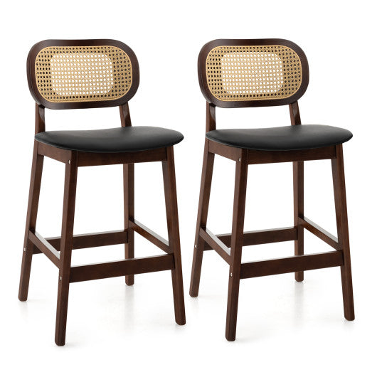 Wood Bar Chairs with PE Rattan Backrest  Padded Seat and Footrest-Brown Sale