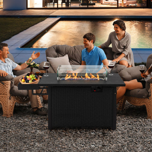 52 Inches Outdoor Wicker Gas Fire Pit Propane Fire Table with Cover-Black Sale