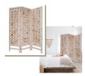 3 Panel Pink Room Divider With Cut Square Wood Design Discount