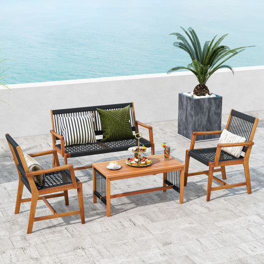 4 Pieces Acacia Wood Patio Conversation Table and Chair Set with Hand Woven Rope Online Sale