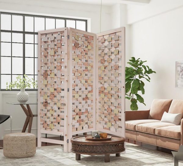 3 Panel Pink Room Divider With Cut Square Wood Design Discount