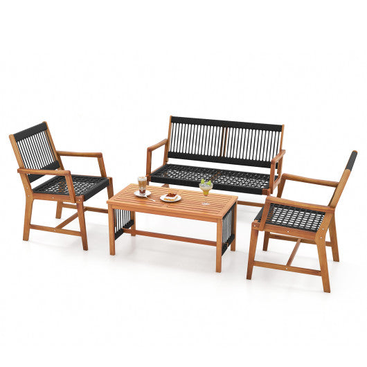 4 Pieces Acacia Wood Patio Conversation Table and Chair Set with Hand Woven Rope Online Sale