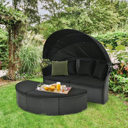 Clamshell Patio Round Daybed Wicker with Retractable Canopy and Pillows-Black For Discount