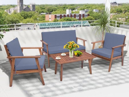 4 Piece Outdoor Acacia Wood Conversation Set with Soft Seat and Back Cushions-Gray Fashion