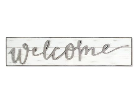 11  X 48  White and Gray Welcome Solid and Manufactured Wood Wall Decor Sale