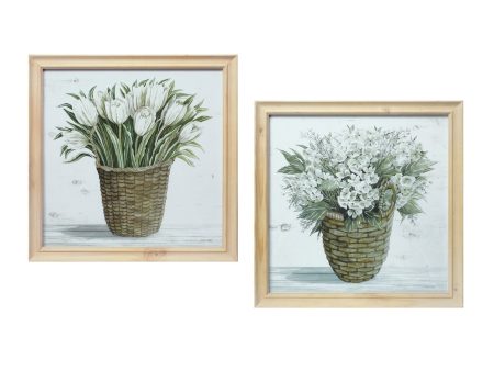 Set of Two 17  X 17  Natural and Green Flower Bouquet Solid Wood Framed Art For Sale