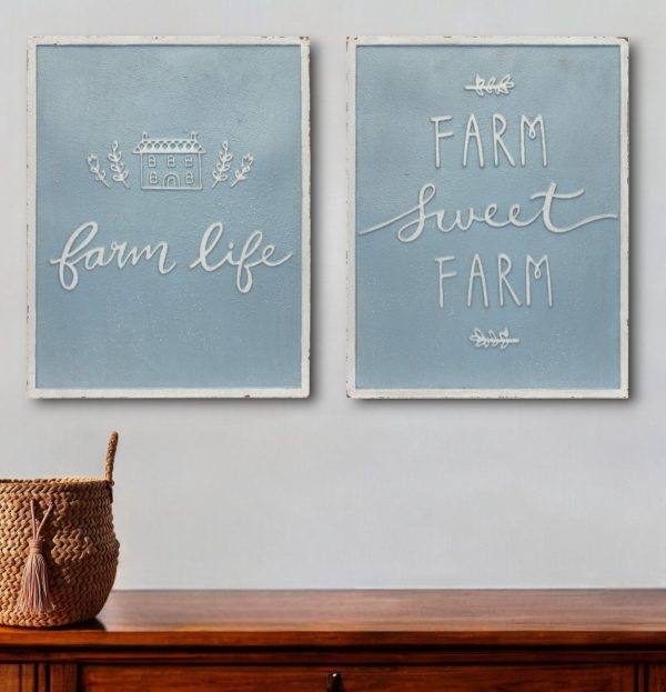 Set of Two 18  X 14  Blue and White Farm Sweet Farm Metal Wall Decor Fashion